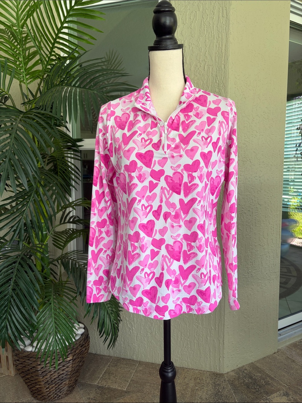 IBKUL Pink Heart-Print Long Sleeve Quarter-Zip Pullover